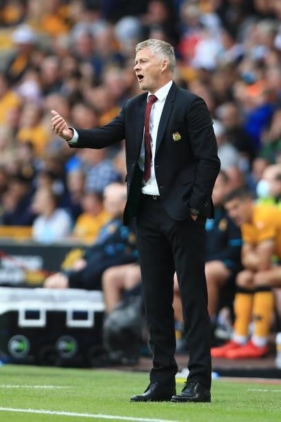 Manchester United manager Ole Gunnar Solskjaer gestures during the Premier League match between Wolverhampton Wanderers and Manchester United at...
