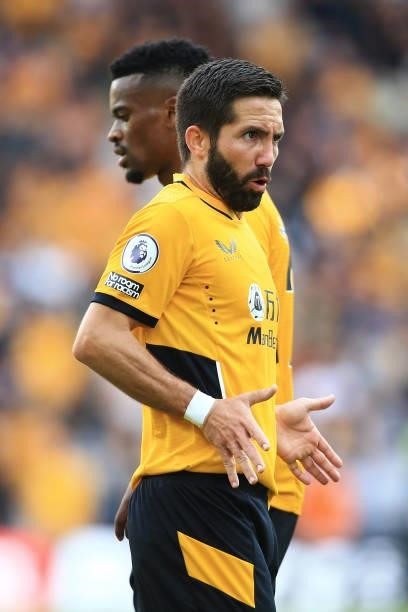 Joao Moutinho of Wolverhampton Wanderers gestures during the Premier League match between Wolverhampton Wanderers and Manchester United at Molineux...