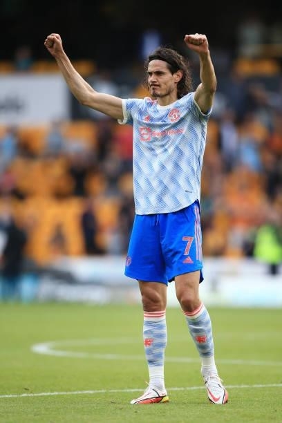 Edinson Cavani of Manchester United celebrates after the Premier League match between Wolverhampton Wanderers and Manchester United at Molineux on...
