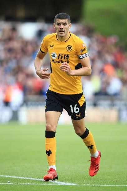 Conor Coady of Wolverhampton Wanderers looks on during the Premier League match between Wolverhampton Wanderers and Manchester United at Molineux on...