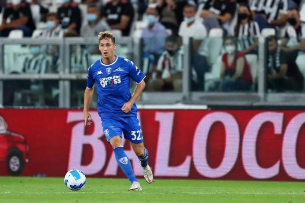 Nicolas Haas of Empoli FC controls the ball during the Serie A match between Juventus and Empoli FC at Allianz Stadium on August 28, 2021 in Turin,...