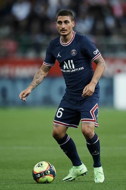 Marco Verratti of PSG during the Ligue 1 Uber Eats match between Reims and Paris Saint Germain at Stade Auguste Delaune on August 29, 2021 in Reims,...