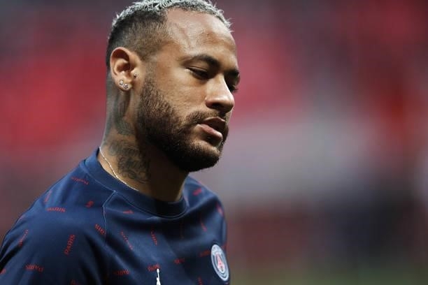 Neymar of PSG during the warm-up before the Ligue 1 Uber Eats match between Reims and Paris Saint Germain at Stade Auguste Delaune on August 29, 2021...