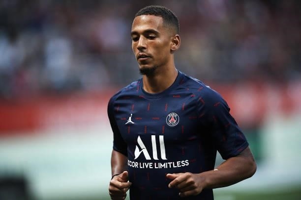 Thilo Kehrer of PSG during the warm-up before the Ligue 1 Uber Eats match between Reims and Paris Saint Germain at Stade Auguste Delaune on August...