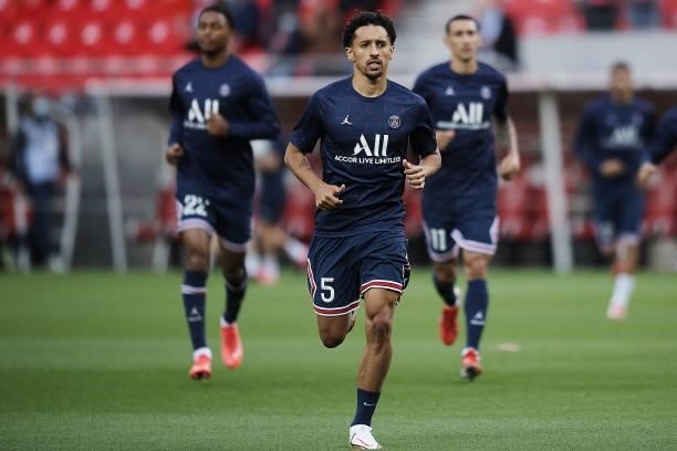 Marquinhos of PSG during the warm-up before the Ligue 1 Uber Eats match between Reims and Paris Saint Germain at Stade Auguste Delaune on August 29,...