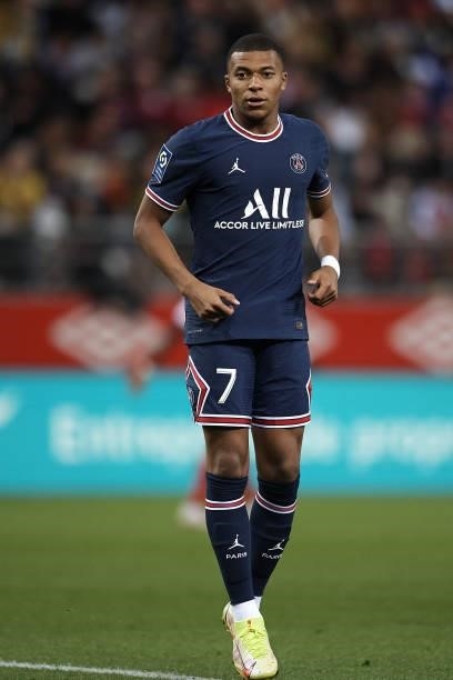 Kylian Mbappe of PSG during the Ligue 1 Uber Eats match between Reims and Paris Saint Germain at Stade Auguste Delaune on August 29, 2021 in Reims,...