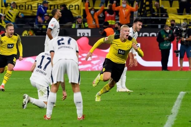 Erling Haaland of Borussia Dortmund celebrates after scoring his team's third goal during the Bundesliga match between Borussia Dortmund and TSG...