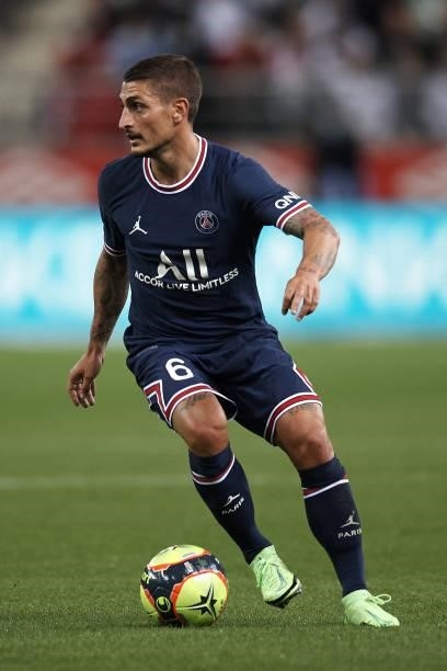 Marco Verratti of PSG in action during the Ligue 1 Uber Eats match between Reims and Paris Saint Germain at Stade Auguste Delaune on August 29, 2021...