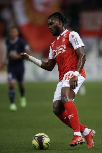 Andreaw Gravillon of Reims during the Ligue 1 Uber Eats match between Reims and Paris Saint Germain at Stade Auguste Delaune on August 29, 2021 in...