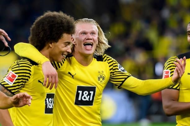 Axel Witsel of Borussia Dortmund and Erling Haaland of Borussia Dortmund celebrate after winning the Bundesliga match between Borussia Dortmund and...