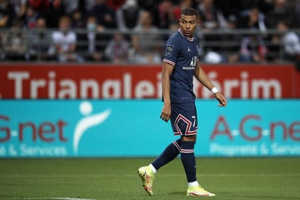 Kylian Mbappe of PSG looks during the Ligue 1 Uber Eats match between Reims and Paris Saint Germain at Stade Auguste Delaune on August 29, 2021 in...