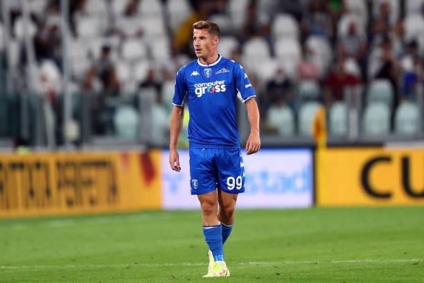 Andrea Pinamonti of Empoli FC look on during the Serie A match between Juventus and Empoli FC at Allianz Stadium on August 28, 2021 in Turin, Italy.