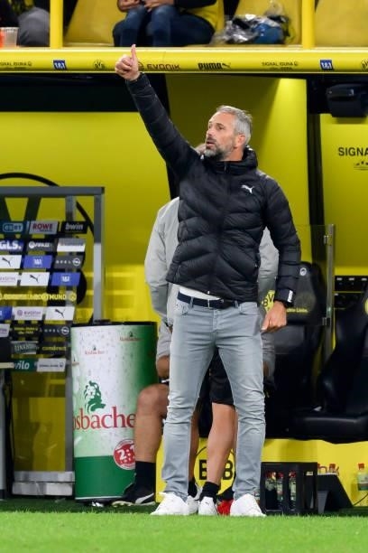 Head coach Marco Rose of Borussia Dortmund gestures during the Bundesliga match between Borussia Dortmund and TSG Hoffenheim at Signal Iduna Park on...