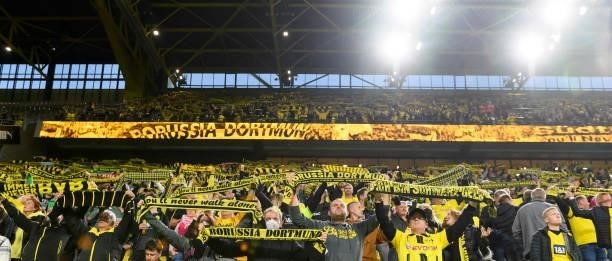 Supporters of Borussia Dortmund prior to the Bundesliga match between Borussia Dortmund and TSG Hoffenheim at Signal Iduna Park on August 28, 2021 in...