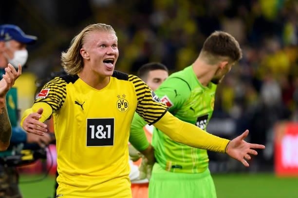 Erling Haaland of Borussia Dortmund celebrate after winning the Bundesliga match between Borussia Dortmund and TSG Hoffenheim at Signal Iduna Park on...