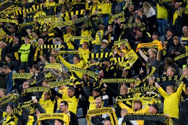 Supporters of Borussia Dortmund prior to the Bundesliga match between Borussia Dortmund and TSG Hoffenheim at Signal Iduna Park on August 28, 2021 in...