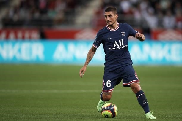 Marco Verratti of PSG in action during the Ligue 1 Uber Eats match between Reims and Paris Saint Germain at Stade Auguste Delaune on August 29, 2021...