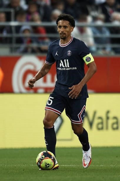 Marquinhos of PSG in action during the Ligue 1 Uber Eats match between Reims and Paris Saint Germain at Stade Auguste Delaune on August 29, 2021 in...