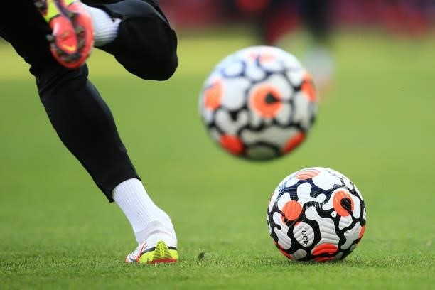 The Nike Flight matchball seen before the Premier League match between Liverpool and Chelsea at Anfield on August 28, 2021 in Liverpool, England.