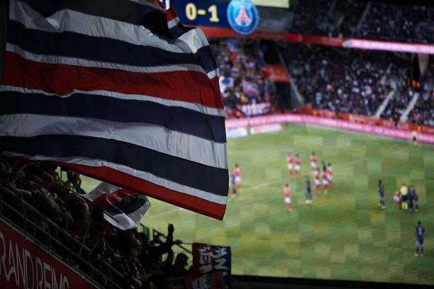 Paris supporters during the Ligue 1 Uber Eats match between Reims and Paris Saint Germain at Stade Auguste Delaune on August 29, 2021 in Reims,...