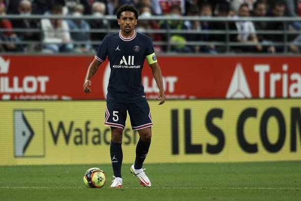 Marquinhos of PSG in action during the Ligue 1 Uber Eats match between Reims and Paris Saint Germain at Stade Auguste Delaune on August 29, 2021 in...