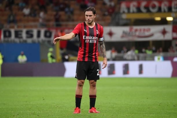 Davide Calabria of AC Milan gestures during the Serie A match between AC Milan and Cagliari Calcio at Stadio Giuseppe Meazza on August 29, 2021 in...