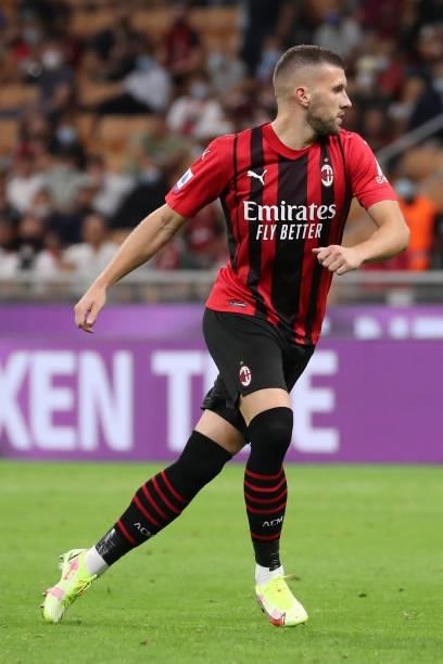 Ante Rebic of AC Milan in action during the Serie A match between AC Milan and Cagliari Calcio at Stadio Giuseppe Meazza on August 29, 2021 in Milan,...