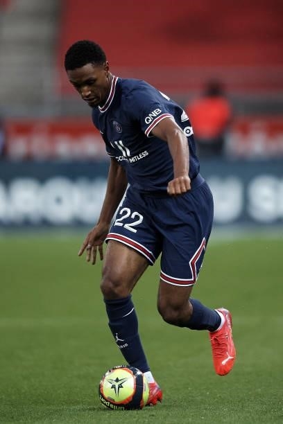 Abdou Diallo of PSG in action during the Ligue 1 Uber Eats match between Reims and Paris Saint Germain at Stade Auguste Delaune on August 29, 2021 in...