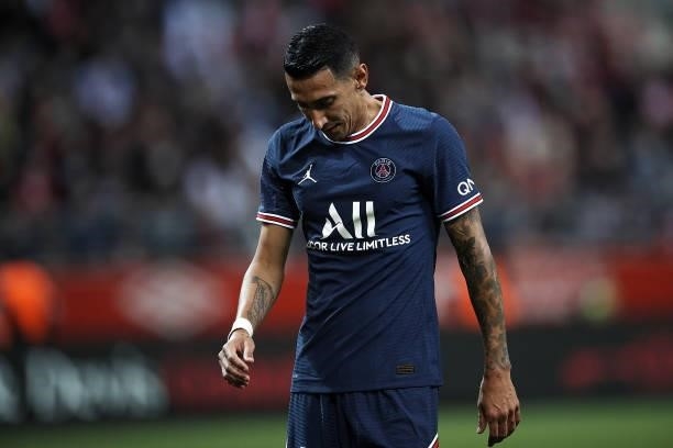 Angel Di Maria of PSG during the Ligue 1 Uber Eats match between Reims and Paris Saint Germain at Stade Auguste Delaune on August 29, 2021 in Reims,...