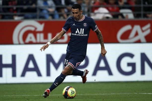 Angel Di Maria of PSG in action during the Ligue 1 Uber Eats match between Reims and Paris Saint Germain at Stade Auguste Delaune on August 29, 2021...