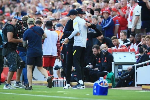 Liverpool manager Jurgen Klopp greets Chelsea manager Thomas Tuchel before the Premier League match between Liverpool and Chelsea at Anfield on...