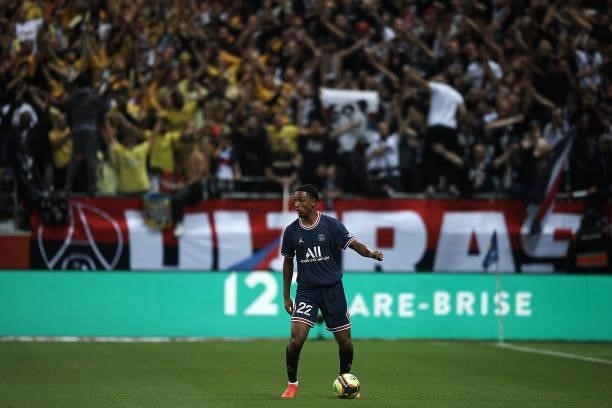 Abdou Diallo of PSG in action during the Ligue 1 Uber Eats match between Reims and Paris Saint Germain at Stade Auguste Delaune on August 29, 2021 in...