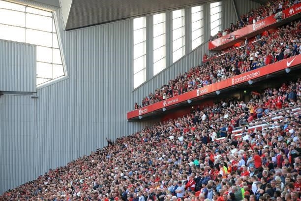 Hoards of fans cram into the Main Stand during the Premier League match between Liverpool and Chelsea at Anfield on August 28, 2021 in Liverpool,...