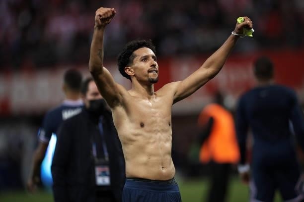 Marquinhos of PSG during the Ligue 1 Uber Eats match between Reims and Paris Saint Germain at Stade Auguste Delaune on August 29, 2021 in Reims,...
