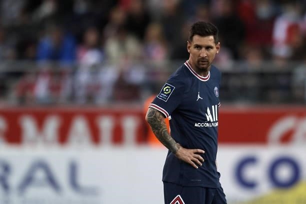Lionel Messi of PSG looks during the Ligue 1 Uber Eats match between Reims and Paris Saint Germain at Stade Auguste Delaune on August 29, 2021 in...