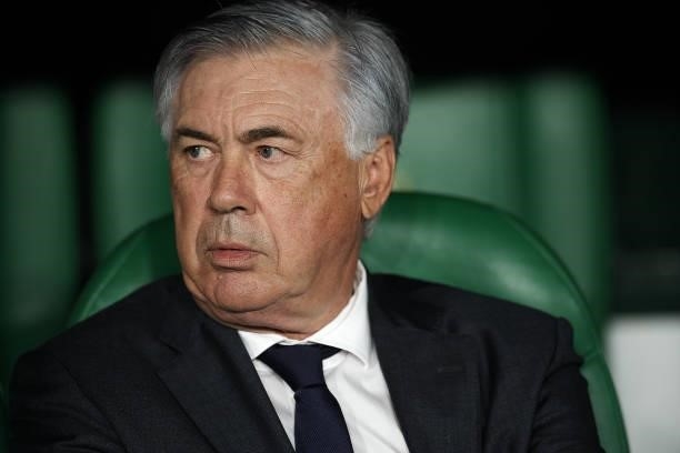 Carlo Ancelotti of Real Madrid sitting on the bench during the La Liga Santader match between Real Betis and Real Madrid CF at Estadio Benito...