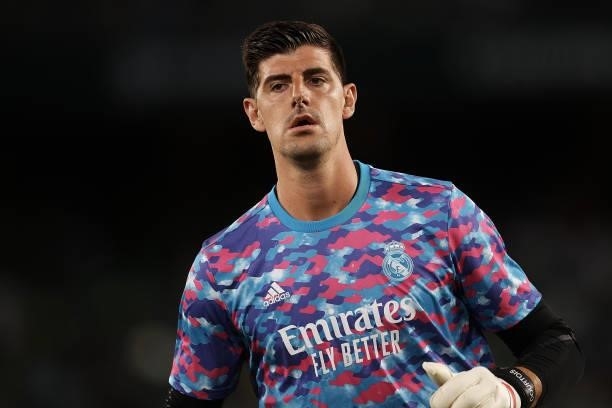 Thibaut Courtois of Real Madrid during the warm-up before the La Liga Santader match between Real Betis and Real Madrid CF at Estadio Benito...