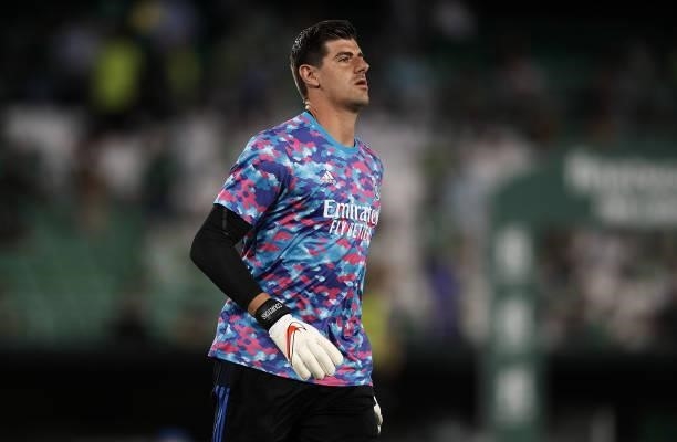 Thibaut Courtois of Real Madrid during the warm-up before the La Liga Santader match between Real Betis and Real Madrid CF at Estadio Benito...