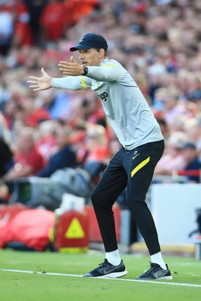 Chelsea manager Thomas Tuchel gestures during the Premier League match between Liverpool and Chelsea at Anfield on August 28, 2021 in Liverpool,...