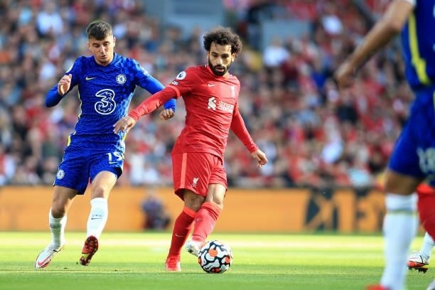 Mohamed Salah of Liverpool battles with Mason Mount of Chelsea during the Premier League match between Liverpool and Chelsea at Anfield on August 28,...