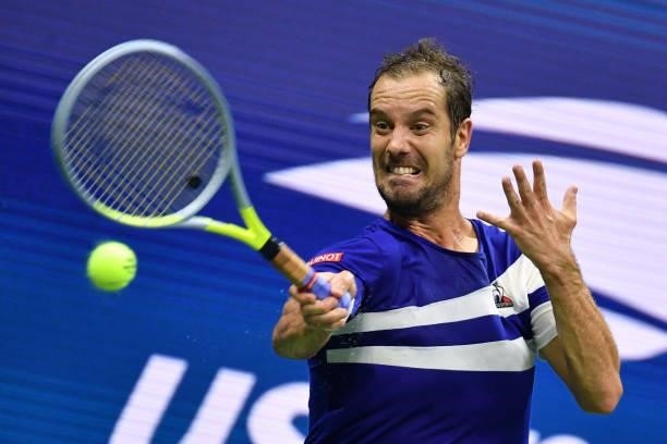 France's Richard Gasquet hits a return to Russia's Daniil Medvedev during their 2021 US Open Tennis tournament men's singles first round match at the...