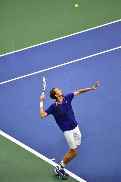 Russia's Daniil Medvedev serves to France's Richard Gasquet during their 2021 US Open Tennis tournament men's singles first round match at the USTA...