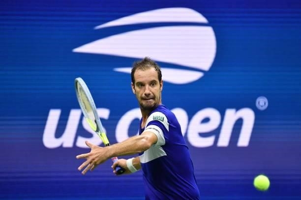 France's Richard Gasquet hits a return to Russia's Daniil Medvedev during their 2021 US Open Tennis tournament men's singles first round match at the...