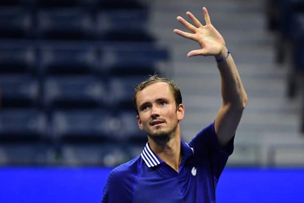 Russia's Daniil Medvedev waves after defeating France's Richard Gasquet during their 2021 US Open Tennis tournament men's singles first round match...