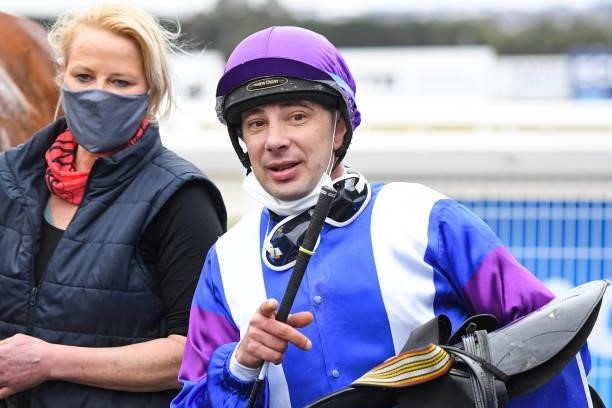 Craig Atkinson returns to the mounting yard after winning the Hygain Winners Choice BM58 Handicap at Sportsbet-Ballarat Synthetic Racecourse on...