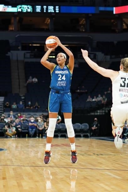 Napheesa Collier of the Minnesota Lynx shoots a three point basket during the game against the New York Liberty on August 31, 2021 at Target Center...
