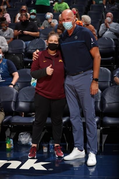 Head Coach Lindsay Whalen of the University of Minnesotas womens basketball team poses with former Minnesota Lynx Assistant Coach Jim Peterson during...