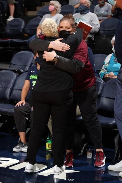 Assistant Coach Shelley Patterson of the New York Liberty hugs Head Coach Lindsay Whalen of the University of Minnesotas womens basketball team...