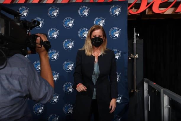 Commissioner Cathy Engelbert is interviewed during the Minnesota Lynx game against the New York Liberty on August 31, 2021 at Target Center in...
