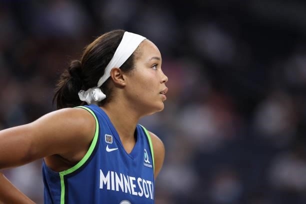 Napheesa Collier of the Minnesota Lynx looks on during the game against the New York Liberty on August 31, 2021 at Target Center in Minneapolis,...